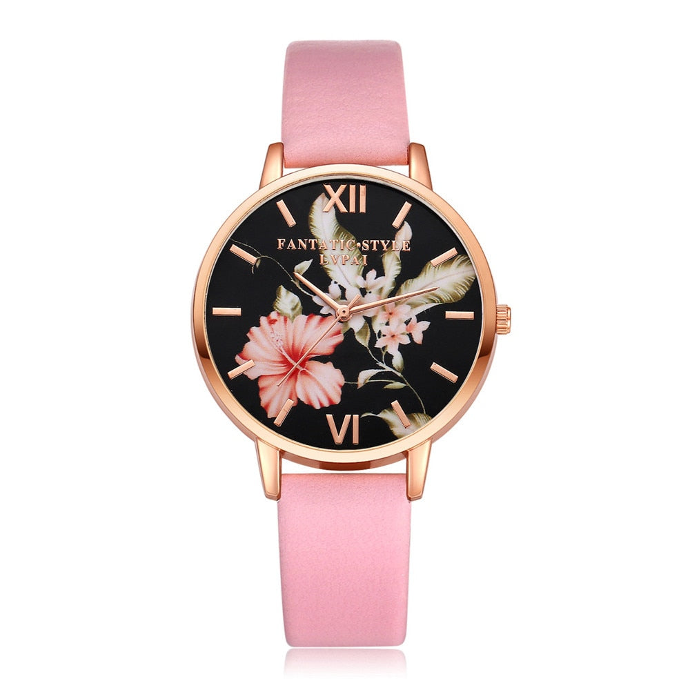 Splendid Vintage Leather Watches Women 2018 Luxury Top Brand Floral Pattern Analog Quartz Wristwatch Clock Relogio Feminino