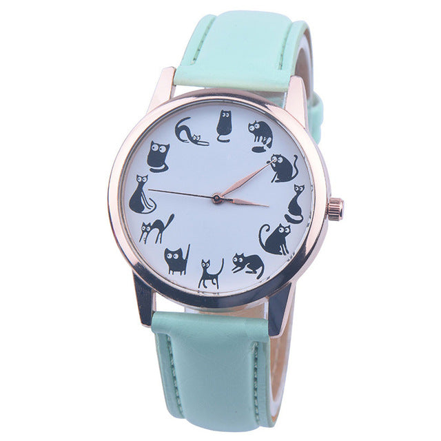 New Fashion Women Watches montre femme Casaul Cat Pattern Leather Band Quartz Watches Women Relogio Feminino Bayan Kol Saati @F